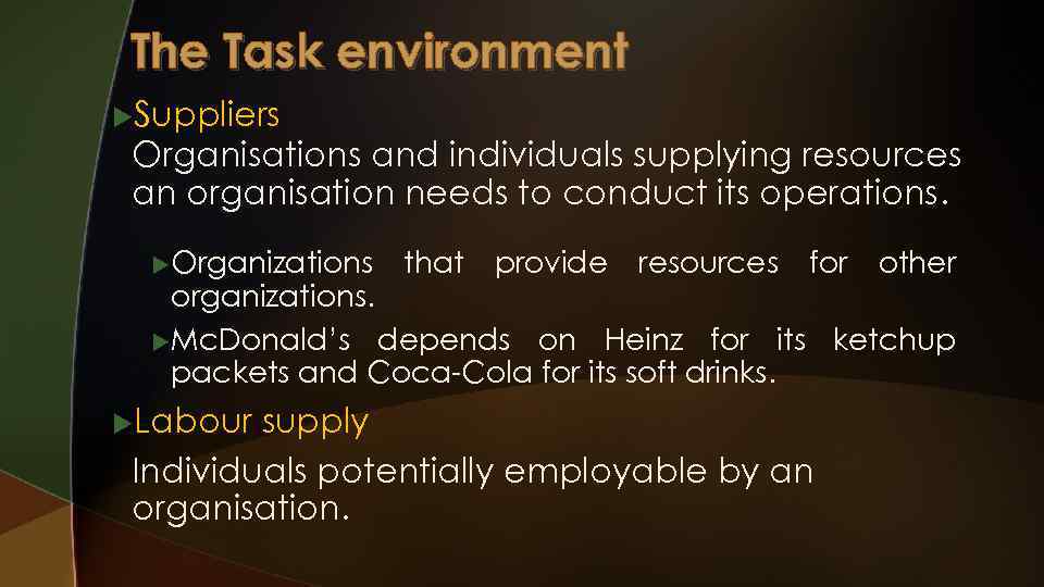 The Task environment u. Suppliers Organisations and individuals supplying resources an organisation needs to