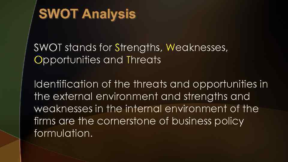 SWOT Analysis SWOT stands for Strengths, Weaknesses, Opportunities and Threats Identification of the threats