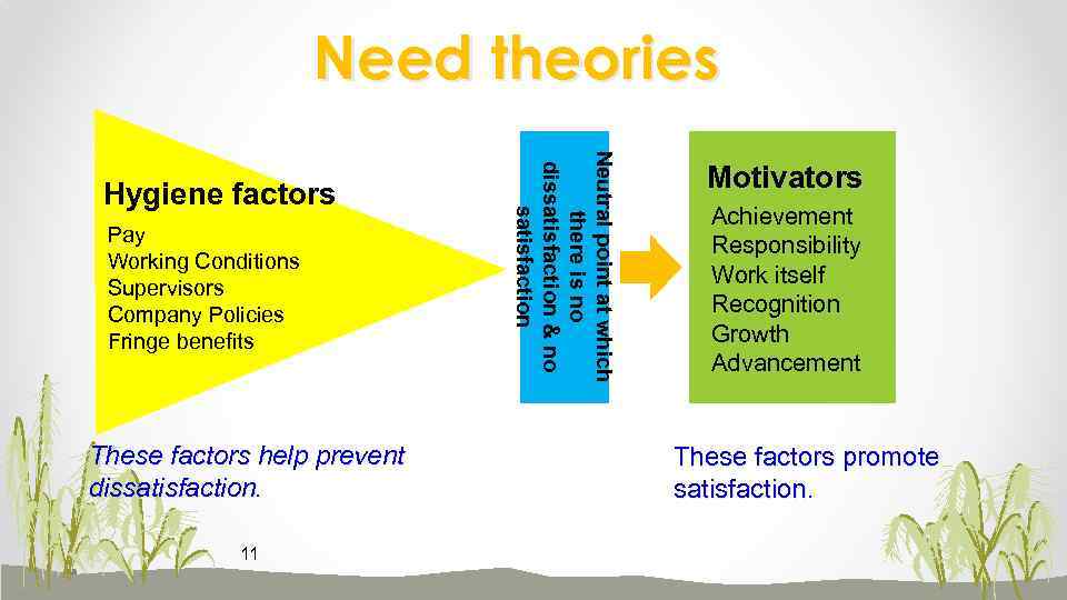 Need theories Pay Working Conditions Supervisors Company Policies Fringe benefits These factors help prevent