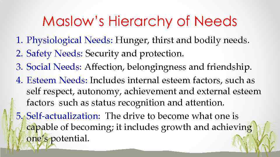 Maslow’s Hierarchy of Needs 1. 2. 3. 4. Physiological Needs: Hunger, thirst and bodily