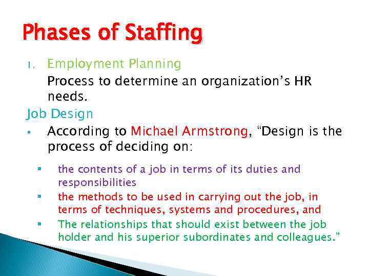 Phases of Staffing Employment Planning Process to determine an organization’s HR needs. Job Design