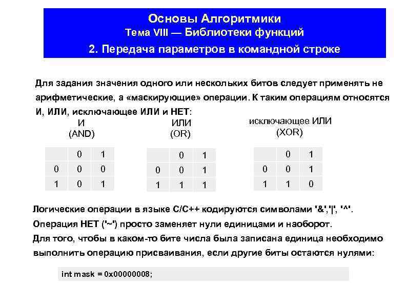 Основы Алгоритмики Тема VIII — Библиотеки функций 2. Передача параметров в командной строке Для