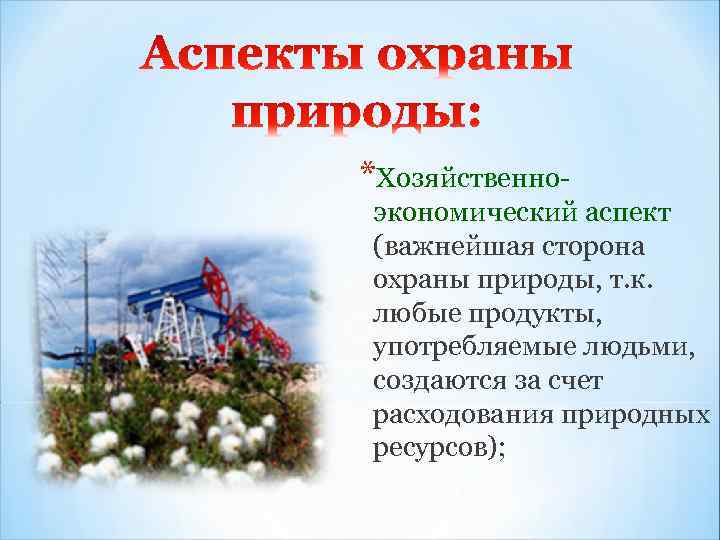 *Хозяйственно- экономический аспект (важнейшая сторона охраны природы, т. к. любые продукты, употребляемые людьми, создаются