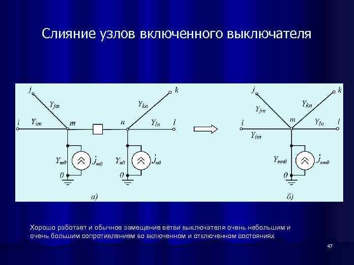 Слияние узлов включенного выключателя Хорошо работает и обычное замещение ветви выключателя очень небольшим и