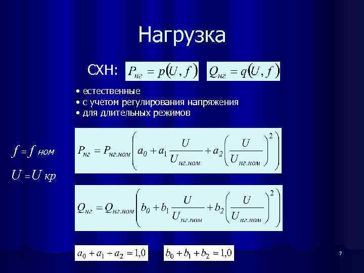 Нагрузка СХН: • естественные • с учетом регулирования напряжения • для длительных режимов f