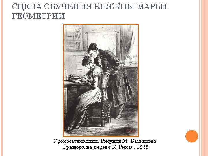 СЦЕНА ОБУЧЕНИЯ КНЯЖНЫ МАРЬИ ГЕОМЕТРИИ Урок математики. Рисунок М. Башилова. Гравюра на дереве К.