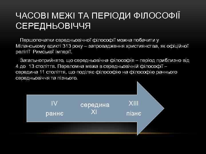 ЧАСОВІ МЕЖІ ТА ПЕРІОДИ ФІЛОСОФІЇ СЕРЕДНЬОВІЧЧЯ Першопочатки середньовічної філософії можна побачити у Міланському едикті