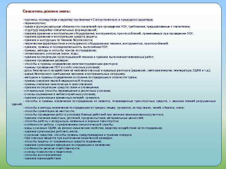 Спасатель должен знать: - причины, последствия и характер протекания ЧС антропогенного и природного характера;
