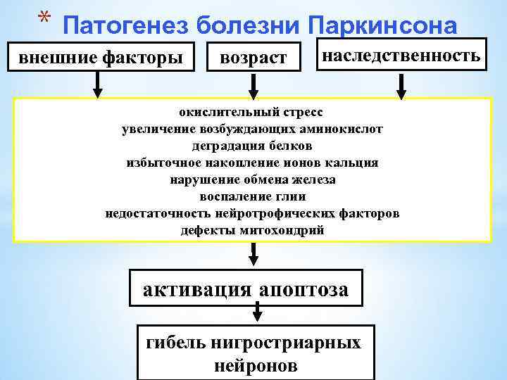 * Патогенез болезни Паркинсона внешние факторы возраст наследственность окислительный стресс увеличение возбуждающих аминокислот деградация