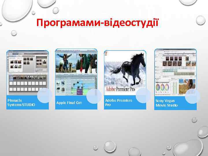 Програмами-відеостудії Pinnacle Systems STUDIO Apple Final Cut Adobe Premiere Pro Sony Vegas Movie Studio