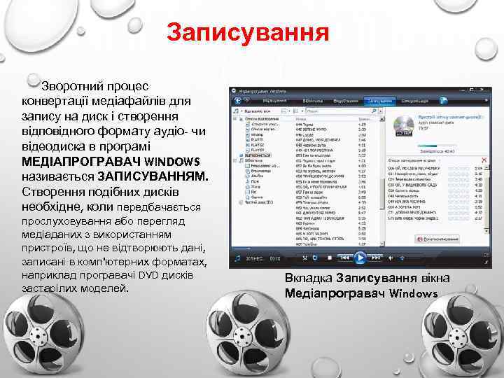 Записування Зворотний процес конвертації медіафайлів для запису на диск і створення відповідного формату аудіо-
