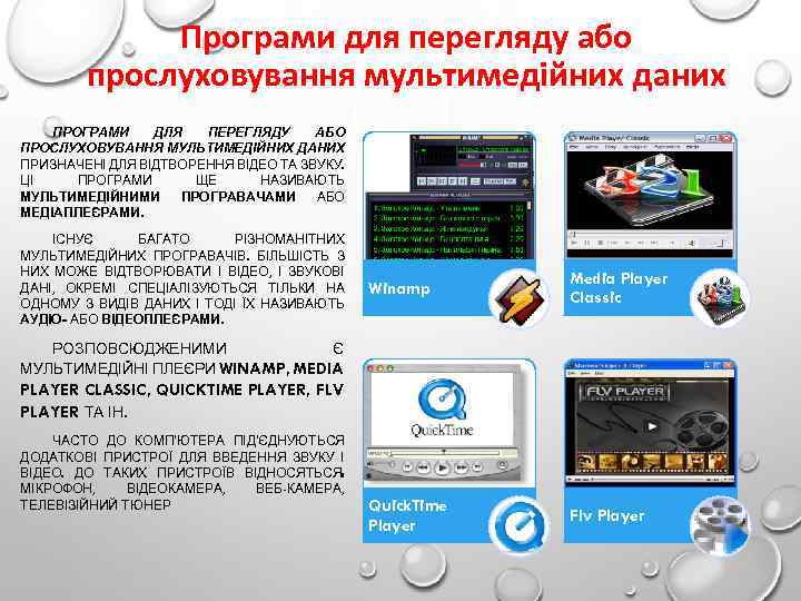 Програми для перегляду або прослуховування мультимедійних даних ПРОГРАМИ ДЛЯ ПЕРЕГЛЯДУ АБО ПРОСЛУХОВУВАННЯ МУЛЬТИМЕДІЙНИХ ДАНИХ