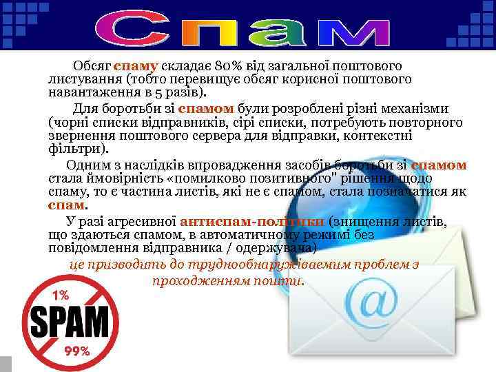  Обсяг спаму складає 80% від загальної поштового листування (тобто перевищує обсяг корисної поштового