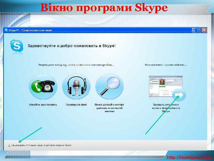 Вікно програми Skype З вікна Вікно вітання можна перейти до ознайомлення з можливостями програми