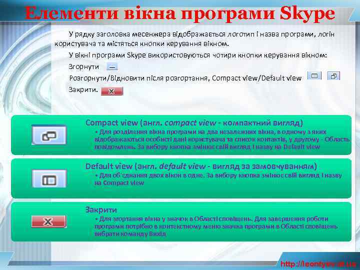 Елементи вікна програми Skype У рядку заголовка месенжера відображається логотип і назва програми, логін