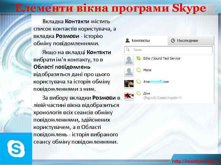Елементи вікна програми Skype Вкладка Контакти містить список контактів користувача, а вкладка Розмови -