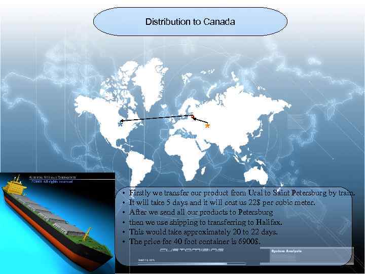 Distribution to Canada • • • Firstly we transfer our product from Ural to