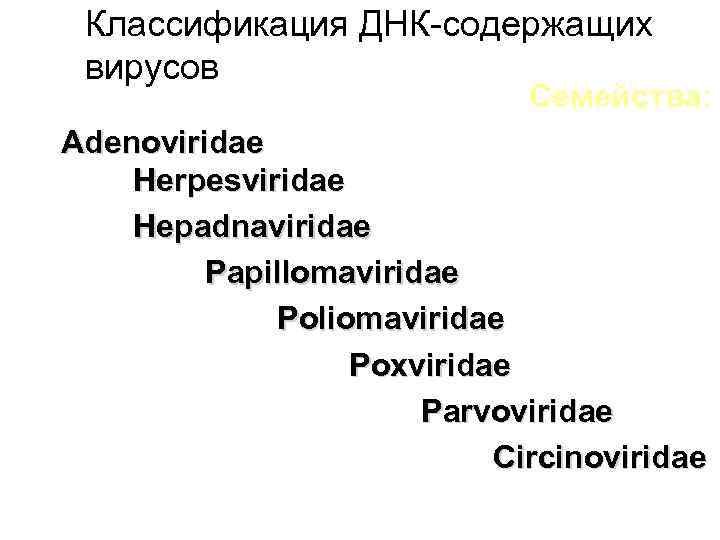 Классификация ДНК-содержащих вирусов Семейства: Adenoviridae Herpesviridae Hepadnaviridae Papillomaviridae Poliomaviridae Poxviridae Parvoviridae Circinoviridae 