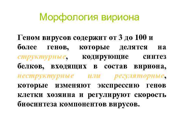 Морфология вириона Геном вирусов содержит от 3 до 100 и более генов, которые делятся