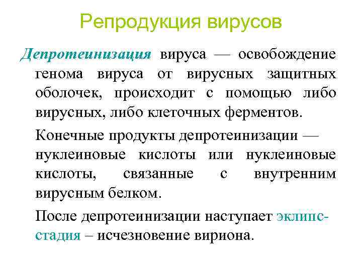 Репродукция вирусов Депротеинизация вируса — освобождение генома вируса от вирусных защитных оболочек, происходит с