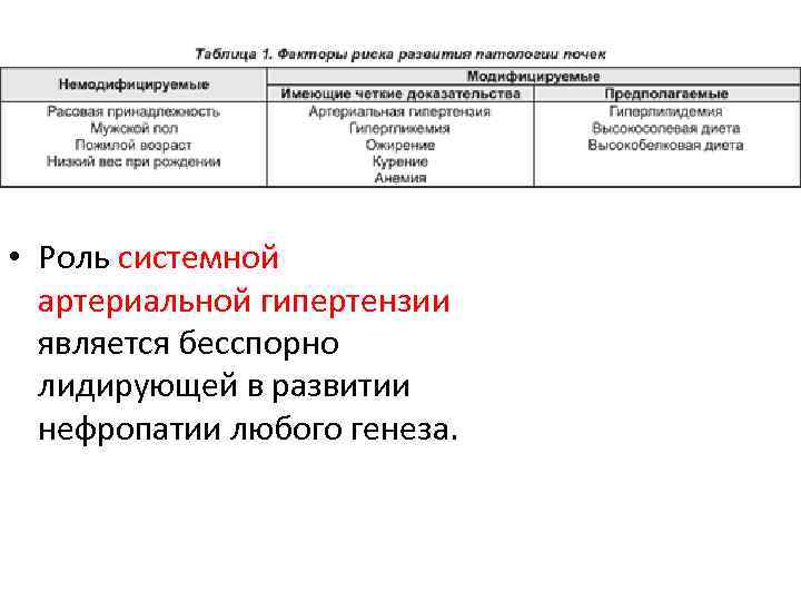  • Роль системной артериальной гипертензии является бесспорно лидирующей в развитии нефропатии любого генеза.