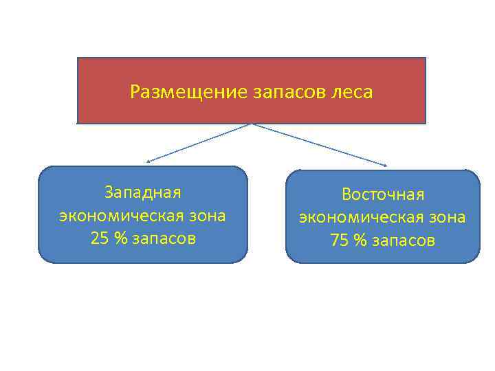 Размещение запасов леса Западная экономическая зона 25 % запасов Восточная экономическая зона 75 %