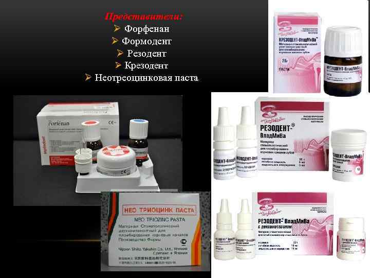 Представители: Ø Форфенан Ø Формодент Ø Резодент Ø Крезодент Ø Неотреоцинковая паста 