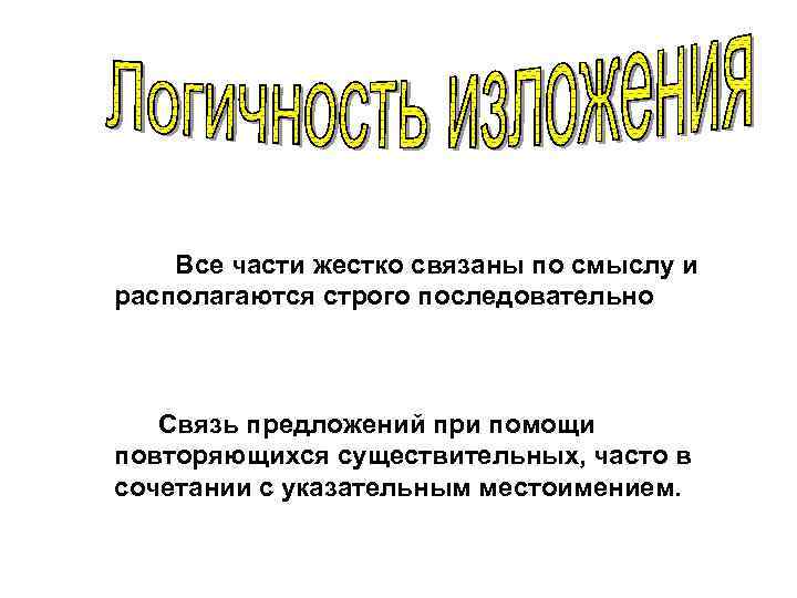 Все части жестко связаны по смыслу и располагаются строго последовательно Связь предложений при помощи