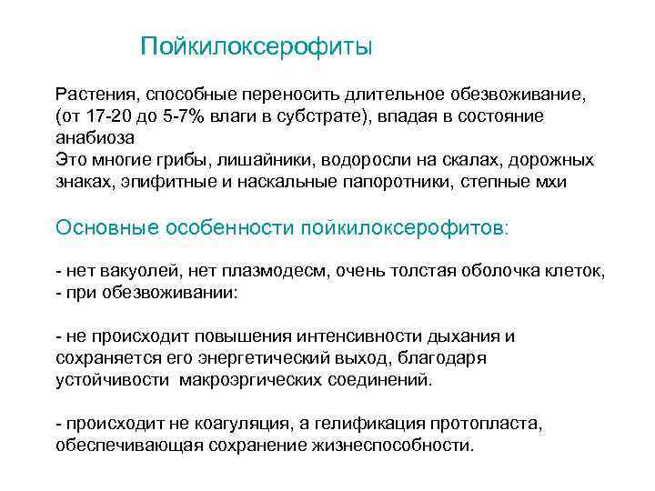 Пойкилоксерофиты Растения, способные переносить длительное обезвоживание, (от 17 -20 до 5 -7% влаги в