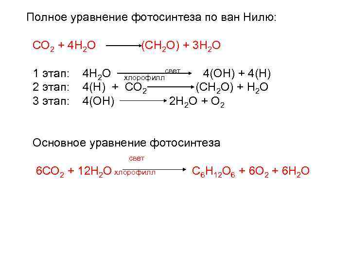 Полное уравнение фотосинтеза по ван Нилю: СО 2 + 4 Н 2 О 1