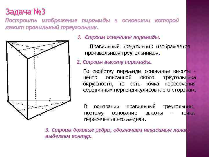 Задача № 3 Построить изображение пирамиды в основании которой лежит правильный треугольник. 1. Строим