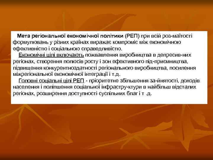 Мета регіональної економічної політики (РЕП) при всій роз маїтості формулювань у різних країнах виражає