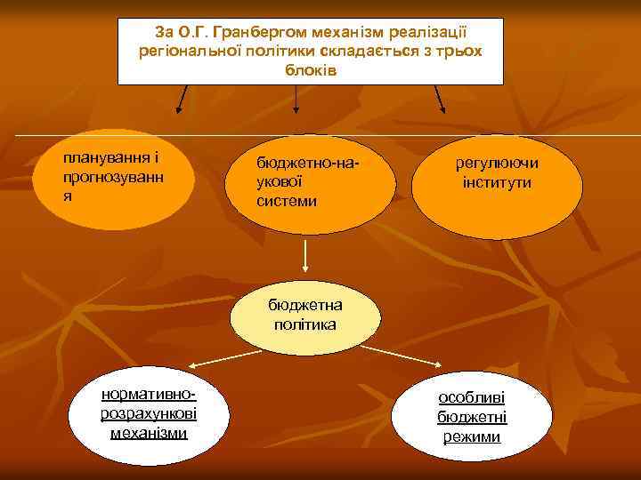 За О. Г. Гранбергом механізм реалізації регіональної політики складається з трьох блоків планування і