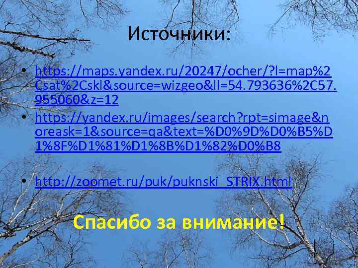 Источники: • https: //maps. yandex. ru/20247/ocher/? l=map%2 Csat%2 Cskl&source=wizgeo&ll=54. 793636%2 C 57. 955060&z=12 •