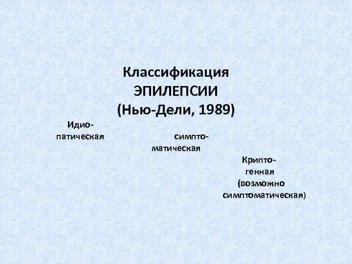 Классификация ЭПИЛЕПСИИ (Нью-Дели, 1989) Идио патическая cимптоматическая Крипто генная (возможно симптоматическая) 