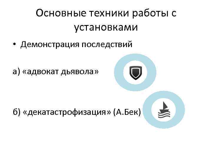 Основные техники работы с установками • Демонстрация последствий а) «адвокат дьявола» б) «декатастрофизация» (А.