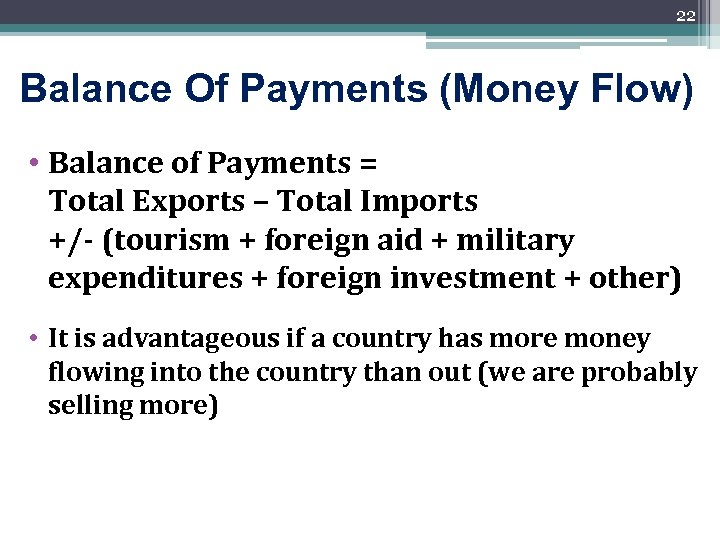 22 Balance Of Payments (Money Flow) • Balance of Payments = Total Exports –