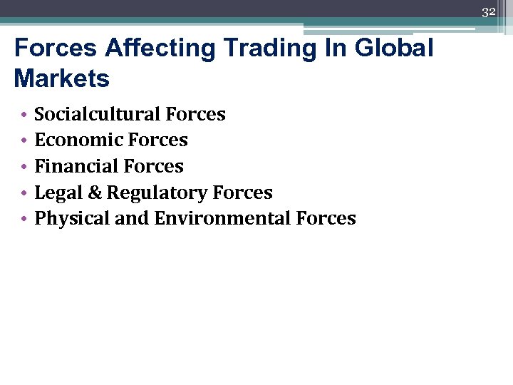 32 Forces Affecting Trading In Global Markets • • • Socialcultural Forces Economic Forces