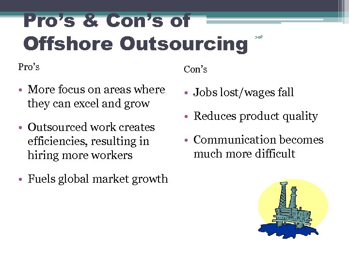 Pro’s & Con’s of Offshore Outsourcing 3 -58 Pro’s Con’s • More focus on