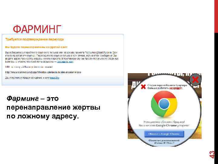 ФАРМИНГ 43 Фарминг – это перенаправление жертвы по ложному адресу. 