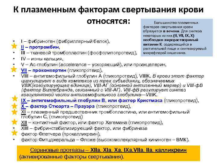 К плазменным факторам свертывания крови относятся: • • • • Большинство плазменных факторов свертывания