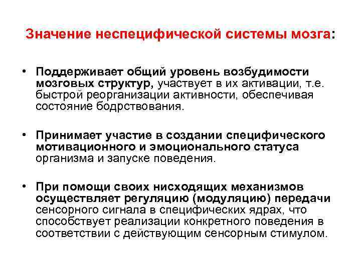 Значение неспецифической системы мозга: • Поддерживает общий уровень возбудимости мозговых структур, участвует в их