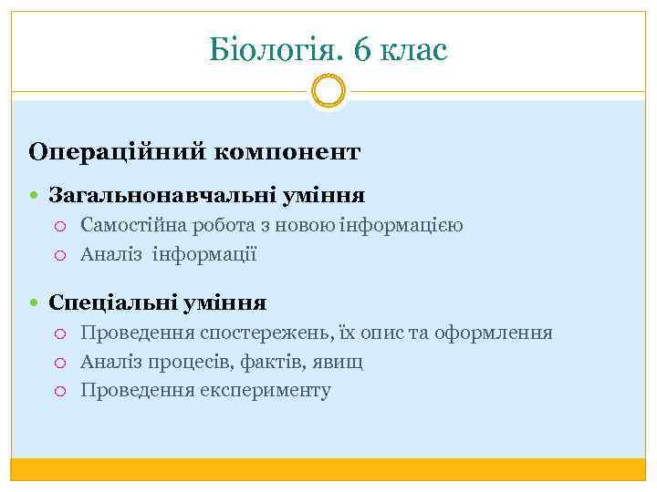 Біологія. 6 клас Операційний компонент Загальнонавчальні уміння Самостійна робота з новою інформацією Аналіз інформації