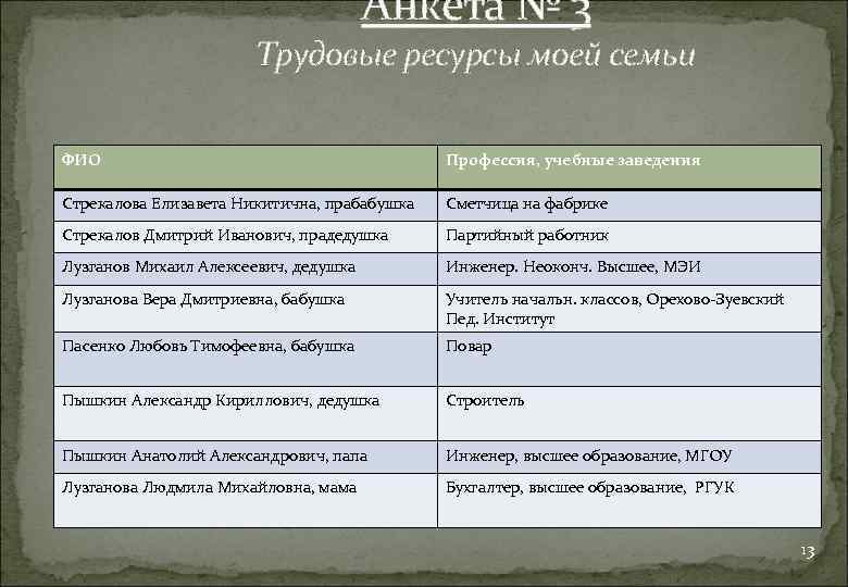 Анкета № 3 Трудовые ресурсы моей семьи ФИО Профессия, учебные заведения Стрекалова Елизавета Никитична,