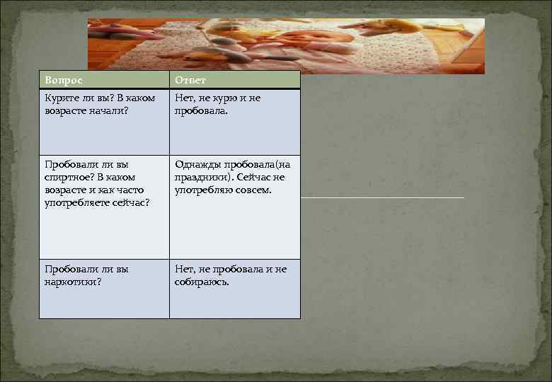 Вопрос Ответ Курите ли вы? В каком возрасте начали? Нет, не курю и не