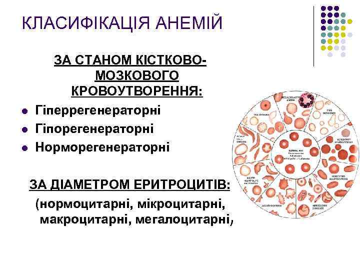 КЛАСИФІКАЦІЯ АНЕМІЙ l l l ЗА СТАНОМ КІСТКОВОМОЗКОВОГО КРОВОУТВОРЕННЯ: Гіперрегенераторні Гіпорегенераторні Норморегенераторні ЗА ДІАМЕТРОМ