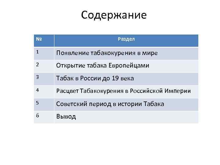 Содержание № Раздел 1 Появление табакокурения в мире 2 Открытие табака Европейцами 3 Табак