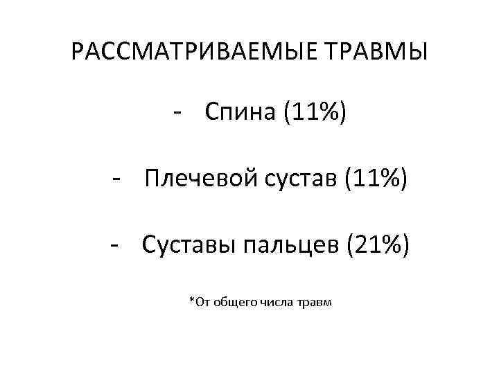 РАССМАТРИВАЕМЫЕ ТРАВМЫ - Спина (11%) - Плечевой сустав (11%) - Суставы пальцев (21%) *От