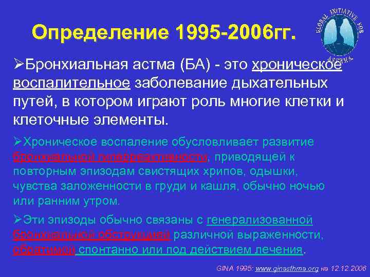 Определение 1995 -2006 гг. ØБронхиальная астма (БА) - это хроническое воспалительное заболевание дыхательных путей,