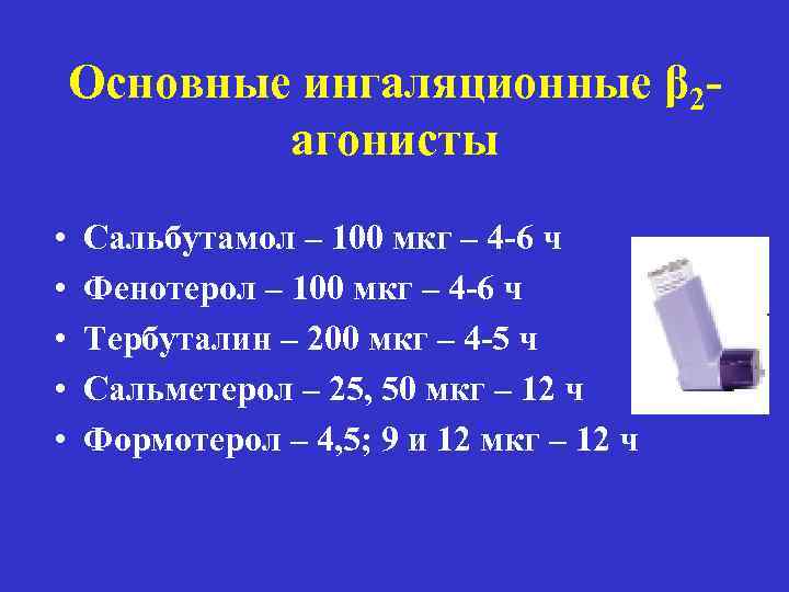 Основные ингаляционные β 2 агонисты • • • Сальбутамол – 100 мкг – 4